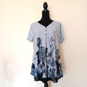 •♡• BaiShengGT White Black Grey Peony V Neck Pleated Flared Comfy Tunic Top